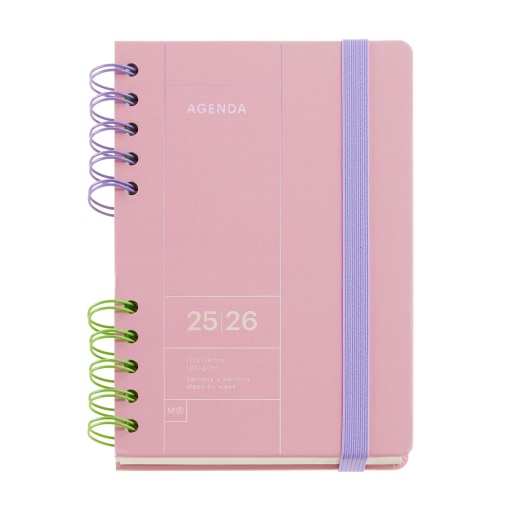 Agenda escolar semanal 123x178mm 2025/26 12 meses espiral MIQUELRIUS Back to Basics Activa rosa