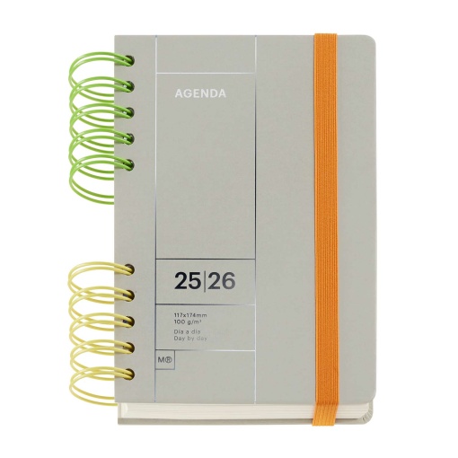 Agenda escolar diária 126x178mm 2025/26 12 meses espiral MIQUELRIUS Back to Basics Activa cinza