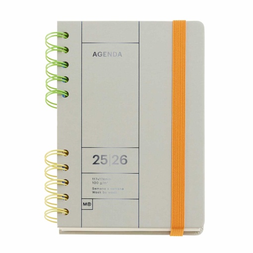 Agenda escolar semanal 123x178mm 2025/26 12 meses espiral MIQUELRIUS Back to Basics Activa cinza