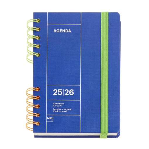 Agenda escolar semanal 123x178mm 2025/26 12 meses espiral MIQUELRIUS Back to Basics Activa azul