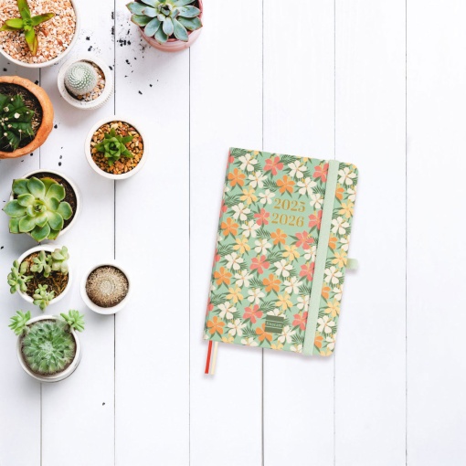 Agenda escolar semanal A6 2025/26 18 meses FINOCAM Minimal Daisy com elástico