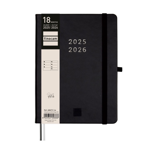 Agenda escolar semanal A5 2025/26 18 meses FINOCAM Minimal negro com elástico