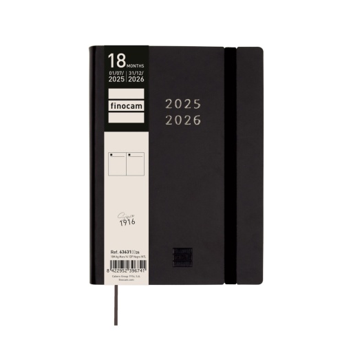 Agenda escolar diária 120x169mm 2025/26 18 meses FINOCAM Mara negro com elástico