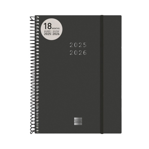 Agenda escolar semanal A5 2025/26 18 meses espiral FINOCAM negro com elástico