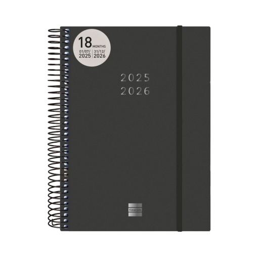 Agenda escolar 2 dias por página A5 2025/26 18 meses FINOCAM espiral negro com elástico