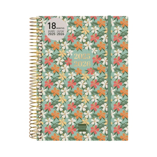 Agenda escolar 2 dias por página A5 2025/26 18 meses FINOCAM espiral Daisy com elástico