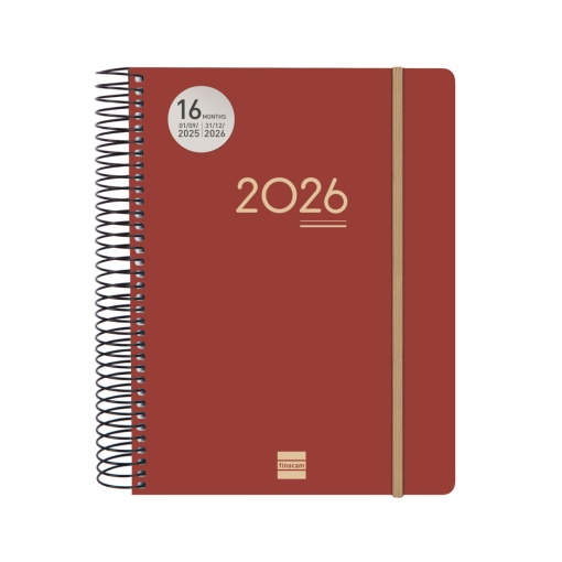 Agenda escolar diária A5 2025/26 16 meses espiral FINOCAM Ikon bordô com elástico