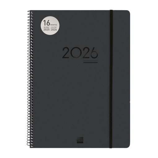 Agenda escolar semanal A4 2025/26 16 meses espiral FINOCAM Ikon negro com elástico