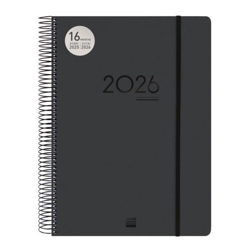 Agenda escolar diária A4 2025/26 16 meses espiral FINOCAM Ikon negro com elástico