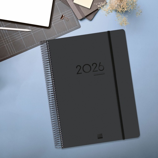 Agenda escolar diária A4 2025/26 16 meses espiral FINOCAM Ikon negro com elástico