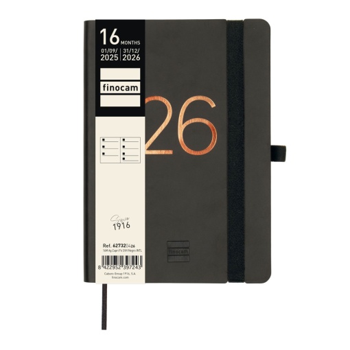 Agenda escolar semanal 118x168mm 2025/26 16 meses FINOCAM Capri negro com elástico