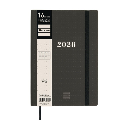 Agenda escolar semanal A5 2025/26 16 meses FINOCAM Dotted negro com elástico