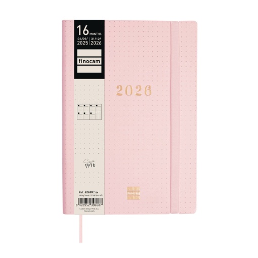 Agenda escolar semanal A5 2025/26 16 meses FINOCAM Dotted rosa com elástico