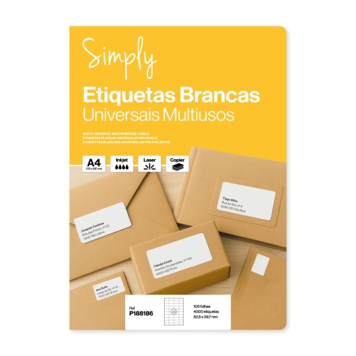 Etiquetas A4 52,5x29,7mm branco 100 folhas (4000 unidades) SIMPLY
