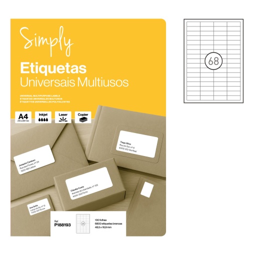 Etiquetas A4 48,5x16,9mm branco 100 folhas SIMPLY - 6800 unidades
