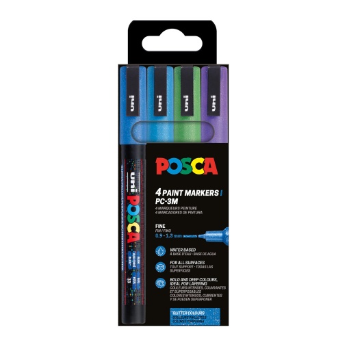 Marcador UNI POSCA PC-3M fino 0,9-1,3mm 4 cores glitter frias