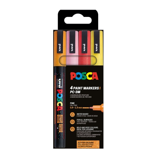 Marcador UNI POSCA PC-3M fino 0,9-1,3mm 4 cores glitter quentes