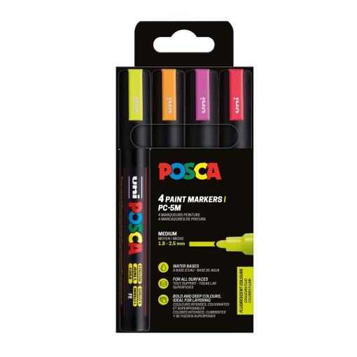 Marcador UNI POSCA PC-5M médio 1,8-2,5mm 4 cores fluorescentes