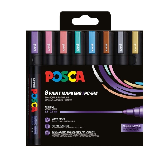 Marcador UNI POSCA PC-5M médio 1,8-2,5mm 8 cores metálicas