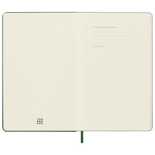 A5 hardcover notebook, Moleskine Classic Collection, lined, 120 sheets, blueberry green, with elastic closure.