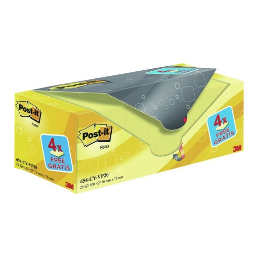 Bloco de notas aderentes POST-IT 654 76x76mm amarelo 100 folhas caixa com 16+4 bónus