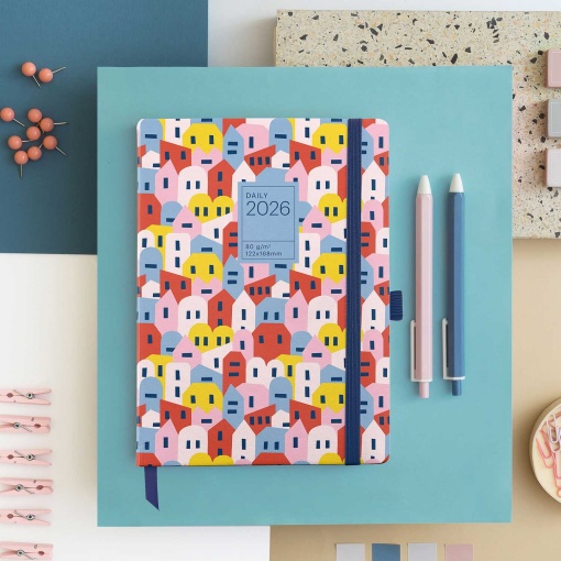 Agenda diária 122x168mm 2025 MIQUELRIUS Journal Gráfica Houses com elástico