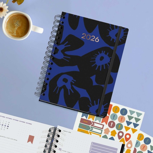 Agenda semanal A5 2026 espiral MIQUELRIUS Plus MARF Organic Midnight Bloom com elástico