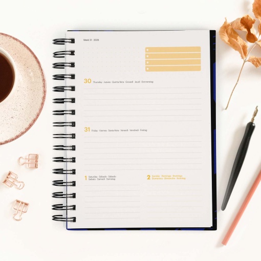 Agenda semanal A5 2026 espiral MIQUELRIUS Plus MARF Organic Midnight Bloom com elástico