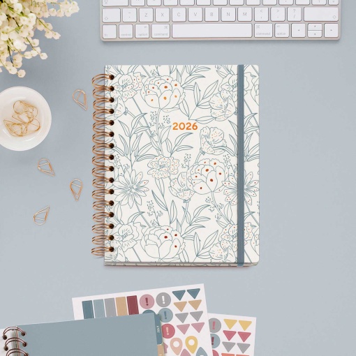 Agenda semanal A5 2026 espiral MIQUELRIUS Plus ARNO DUFOUR Bouquet com elástico