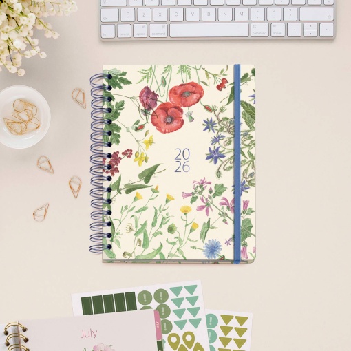 Agenda diária A5 2026 espiral MIQUELRIUS Plus Entredos Jardín com elástico