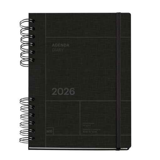 Agenda semanal A5 2026 espiral MIQUELRIUS Plus Back to Basics negro com elástico