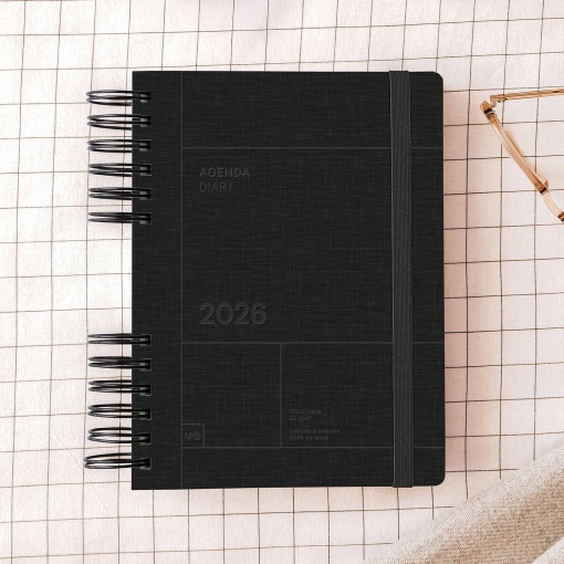 Agenda semanal A5 2026 espiral MIQUELRIUS Plus Back to Basics negro com elástico
