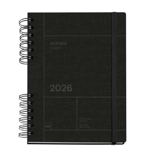 Agenda diária A5 2026 espiral MIQUELRIUS Plus Back to Basics negro com elástico