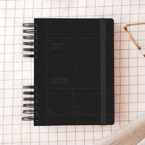 Agenda diária A5 2026 espiral MIQUELRIUS Plus Back to Basics negro com elástico