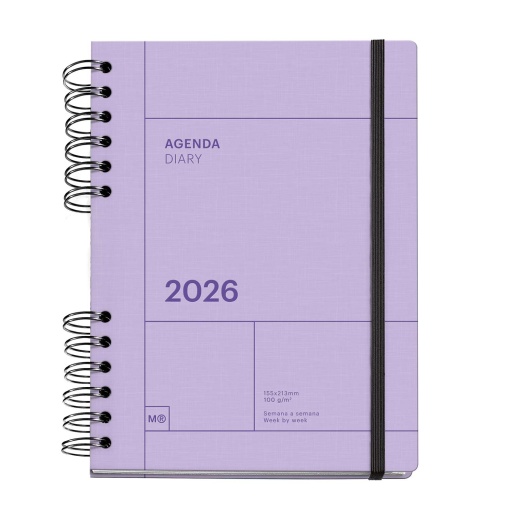 Agenda semanal A5 2026 espiral MIQUELRIUS Plus Back to Basics malva com elástico