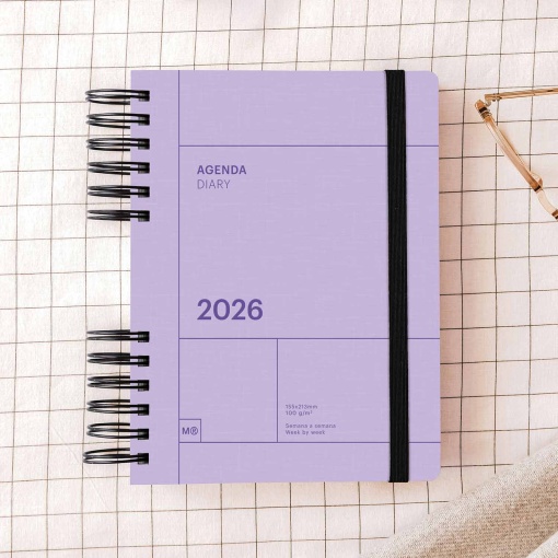 Agenda semanal A5 2026 espiral MIQUELRIUS Plus Back to Basics malva com elástico
