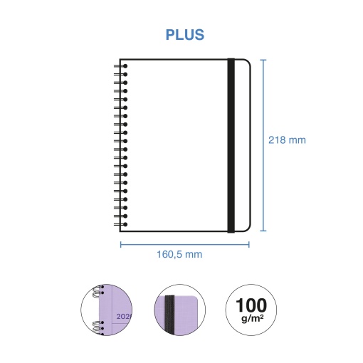 Agenda semanal A5 2026 espiral MIQUELRIUS Plus Back to Basics malva com elástico