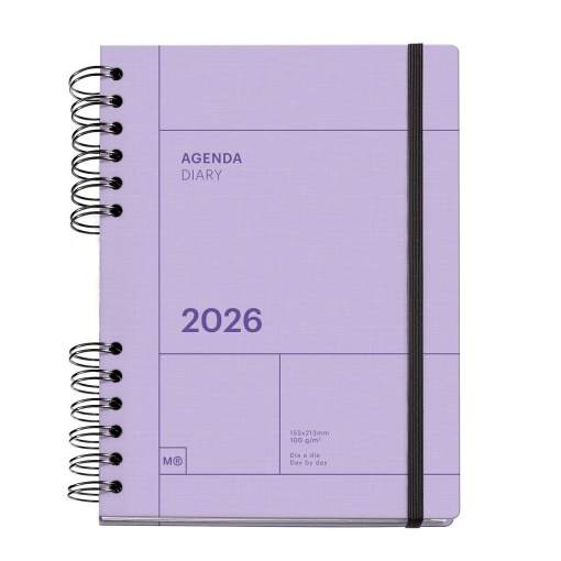 Agenda diária A5 2026 espiral MIQUELRIUS Plus Back to Basics malva com elástico