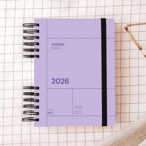 Agenda diária A5 2026 espiral MIQUELRIUS Plus Back to Basics malva com elástico