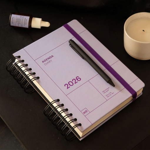 Agenda diária A5 2026 espiral MIQUELRIUS Plus Back to Basics malva com elástico
