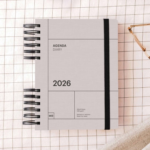 Agenda semanal A5 2026 espiral MIQUELRIUS Plus Back to Basics gris com elástico