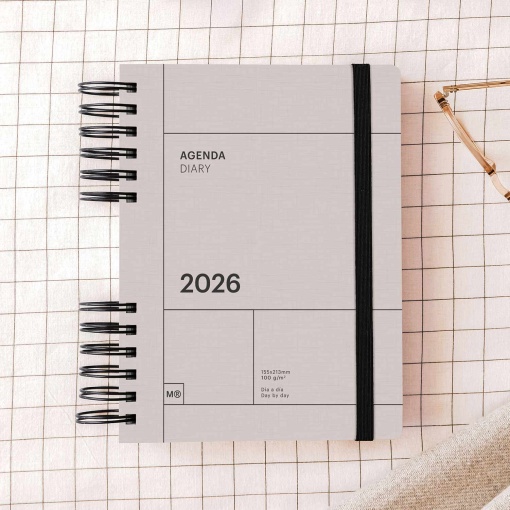 Agenda diária A5 2026 espiral MIQUELRIUS Plus Back to Basics cinza com elástico