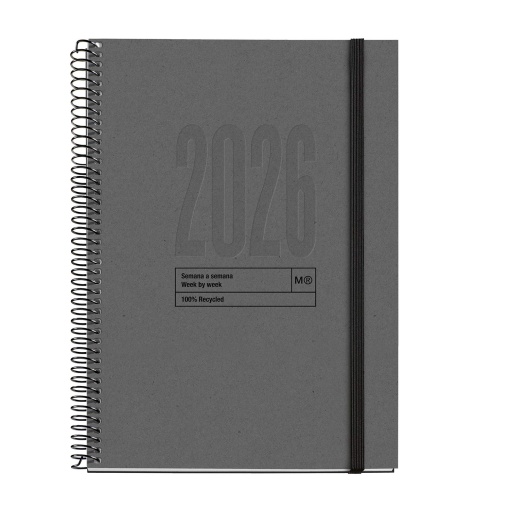 Agenda semanal A5 2026 espiral MIQUELRIUS Plus Recycled grafito com elástico