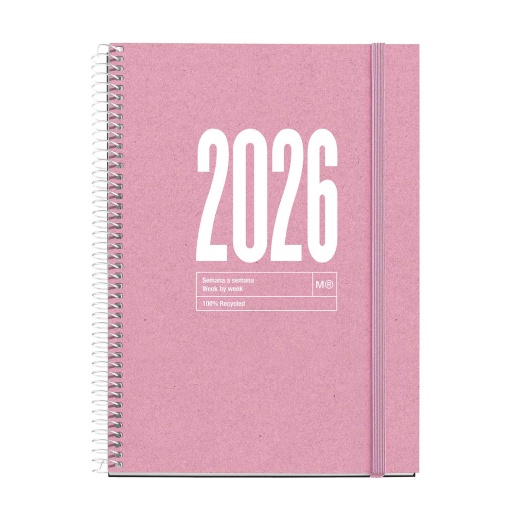 Agenda semanal A5 2026 espiral MIQUELRIUS Plus Recycled rosa com elástico