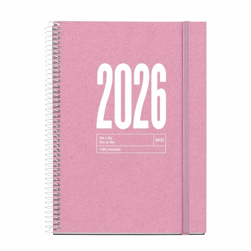 Agenda diária A5 2026 espiral MIQUELRIUS Plus Recycled rosa com elástico