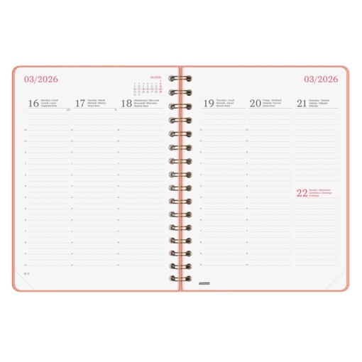 Agenda semanal A5 2025 espiral FINOCAM Alma coral com elástico