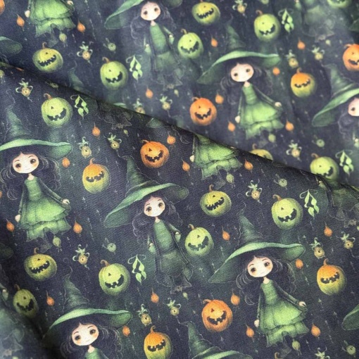 Tecido FABRICART digital Halloween bruxas e abóboras 46 1x1,50m
