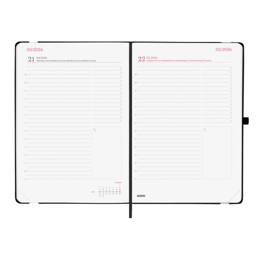 Agenda diária A5 2026 FINOCAM Capri preta com elástico