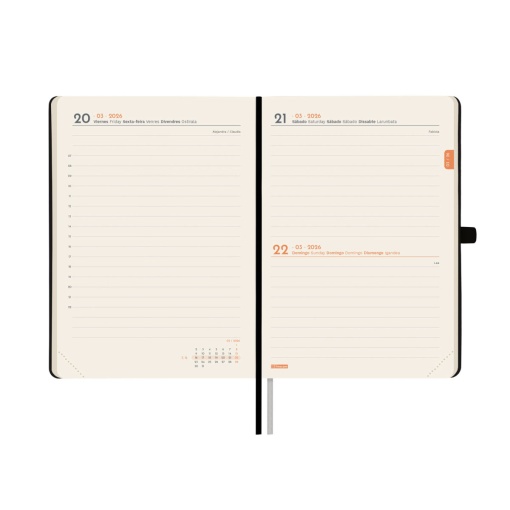 Agenda diária A6 2026 FINOCAM Textura preto com elástico
