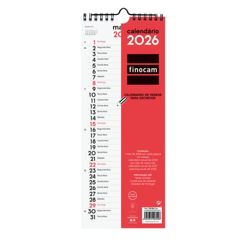 Calendário de parede 2026 FINOCAM 13x33cm 781860026